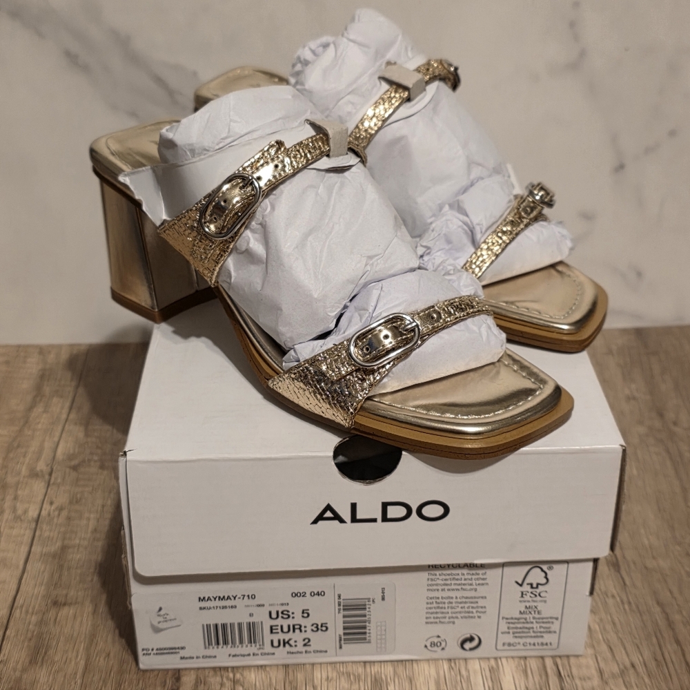 Aldo Metallic Gold Block Heel Sandals NEW Size 5